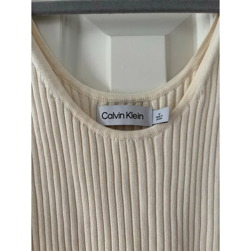 Calvin Klein Ribbed Knit Tank Top Ivory Sleeveless Stretch Women’s Medium M - Picture 3 of 6